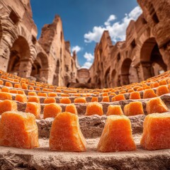 Ancient Roman Amphitheater Seating Filled With Bright Orange Candied Fruit Slices Under A Blue Sky
