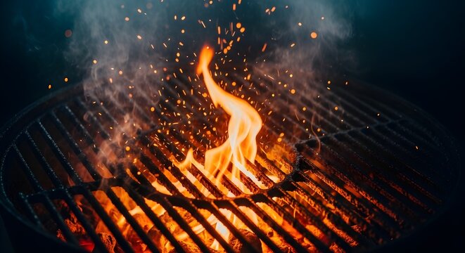 Vibrant flames and smoke on a lit barbecue grill at night