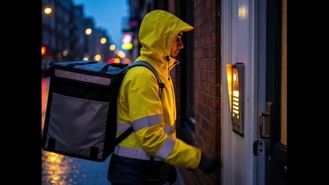 Delivery man wearing raincoat ringing the doorbell at night. Courier ringing apartment buzzer  