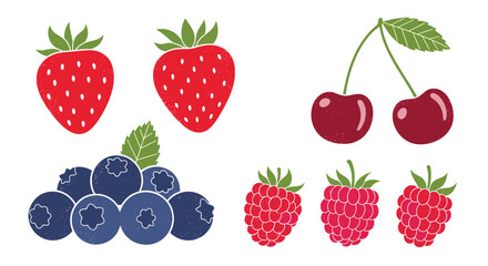 A cute and textured collection of hand-drawn summer berries including strawberries cherries blueberries and raspberries for healthy designs.