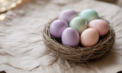 Pastel-colored Easter eggs nestled in a bird's nest, sitting on a beige, textured surface