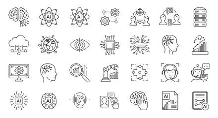 Collection of icons representing technology, data, and digital concepts with various symbols and graphics