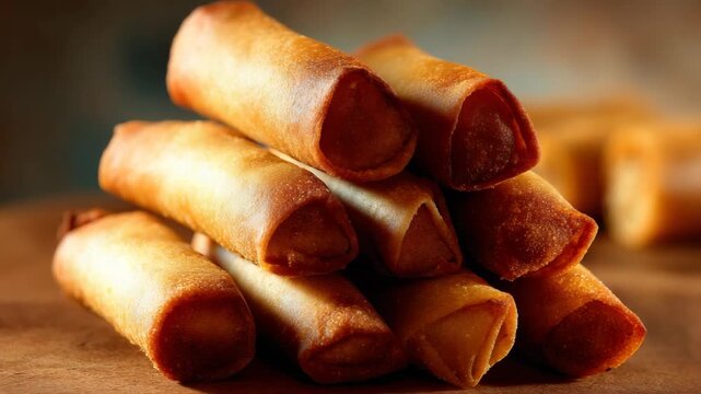 Close Up of Stacked Golden Brown Spring Rolls with Crispy Texture on a Wooden Surface in Warm Lighting