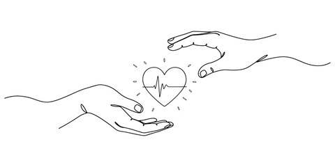 Continuous line drawing of two hands exchanging digital hearts, symbolizing an online mental health support community for posters and greeting cards.