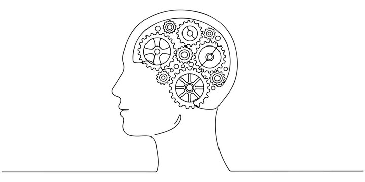 Continuous one line drawing of a human  with gears inside the head, symbolizing tech-enhanced mental health solutions for posters and wellness branding.