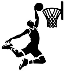 A bold black silhouette captures a basketball player mid-dunk, leaping toward the rim with outstretched arm and ball. Perfect for sports action, athletic prowess, and energetic