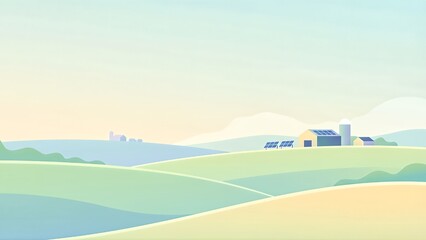Fototapeta premium Idyllic flat design illustration of a sustainable farm in a serene rolling green landscape under
