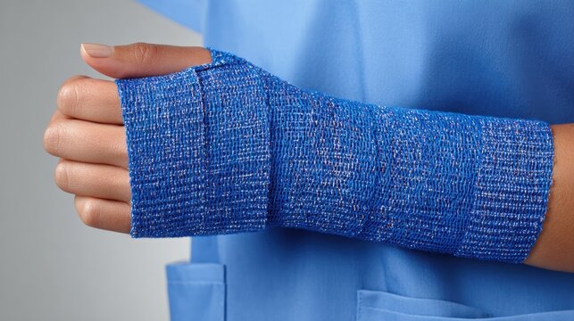 Closeup of female hand in blue elastic bandage cast over medical scrubs on neutral background, concept of injury treatment and recovery care