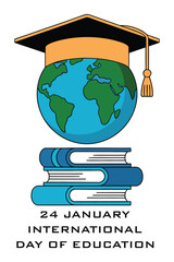 International Day of Education Vector with Globe, Graduation Cap and Books