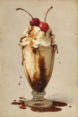 Vintage watercolor illustration of chocolate milkshake sundae with whipped cream and cherries, hand painted dessert in glass on textured antique paper