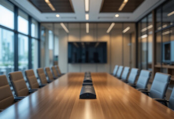 Blurred background of modern conference room with glass walls and large table, a professional space ready for meetings and collaboration in a corporate environment.