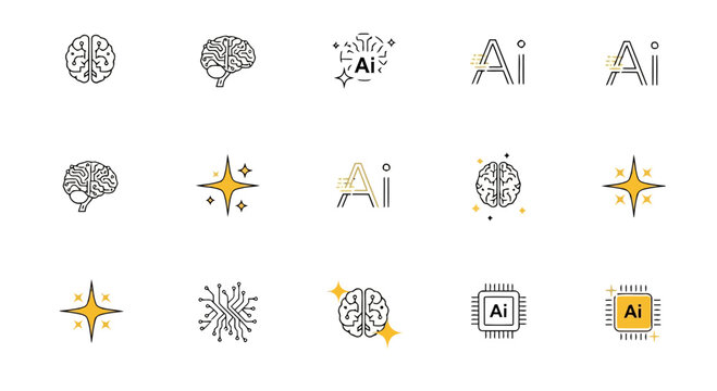 Collection of various artificial intelligence and brainthemed icons and logos, representing technology and neural networks