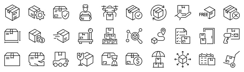 Set of 30 outline icons related to parcel. Linear icon collection. Editable stroke. Vector illustration
