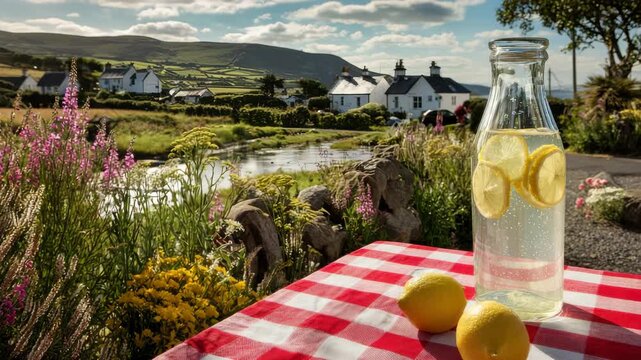 Picturesque Landscape Featuring Lemonade Bottle on Red Gingham Table with Rural Village Backdrop Under Partly Cloudy Sky In Natural Light