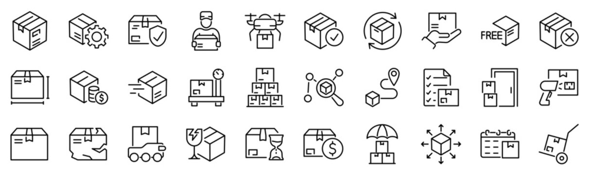 Set of 30 outline icons related to parcel. Linear icon collection. Editable stroke. Vector illustration