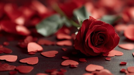Red rose lying on dark surface with heart confetti