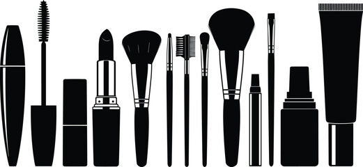 Makeup brush silhouettes set representing beauty cosmetics and professional tools

