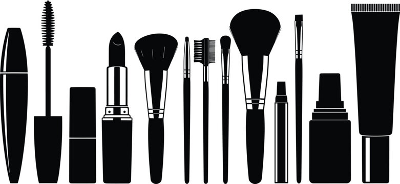 Makeup brush silhouettes set representing beauty cosmetics and professional tools
