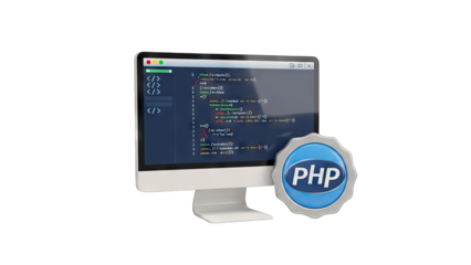 Computer Monitor Displaying PHP Code with Badge