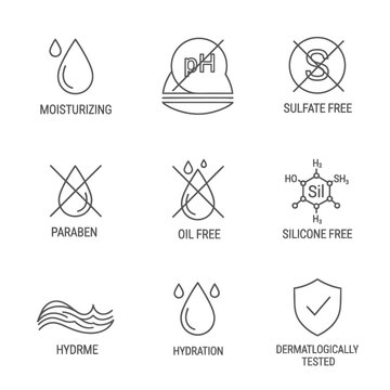The skincare product features icons indicating it provides moisturizing, sulfate free, paraben free, oil free, silicone free, hydrating, and dermatologically tested benefits.