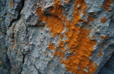 Close up detail of old grey rock surface. Vibrant orange lichen grows on rough textured stone. Natural aged material forms abstract background. Organic moss covers weathered geology showing natural