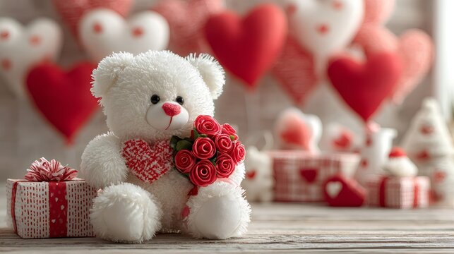 White teddy bear holding red roses for valentine's day