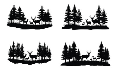 Obraz premium Deer in pine forest silhouettes, wildlife woodland landscape with stag and trees in black 
