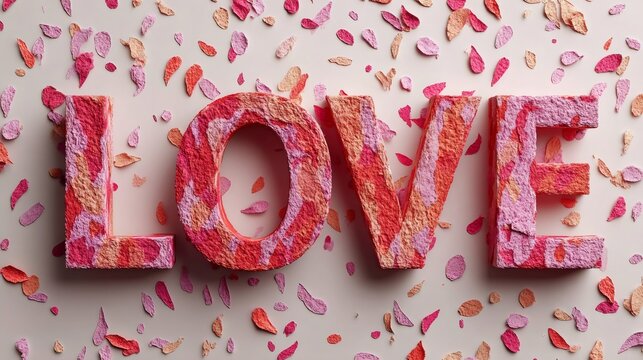 Love word with textured letters and scattered confetti