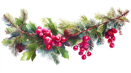 Festive watercolor christmas garland with green pine branches and vibrant red berries, isolated on white background
