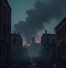Buildings and industries on fire destroyed by war attack