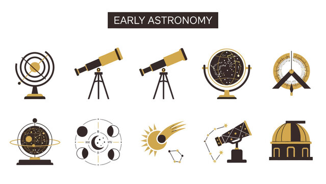A collection of ten stylized icons illustrating early astronomy tools and celestial concepts