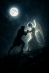 Fototapeta premium Jacob Wrestling the Angel under a Moonlit Sky