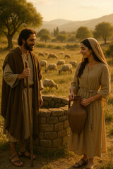 Jacob Meeting Rachel at the Well in a Pastoral Shepherd Landscape
