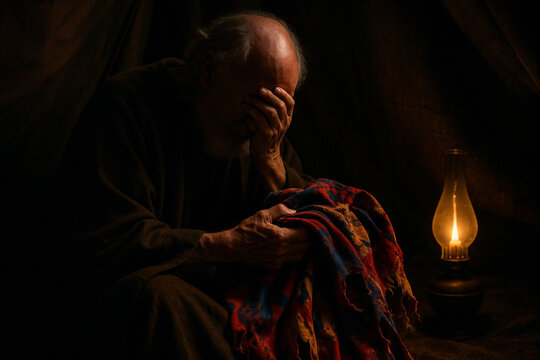 Jacob Mourning Over Joseph&rsquo;s Colorful Garment in a Lamplit Tent