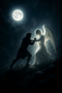 Jacob Wrestling the Angel under a Moonlit Sky