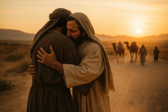Jacob and Esau Embracing in Forgiveness on a Desert Path