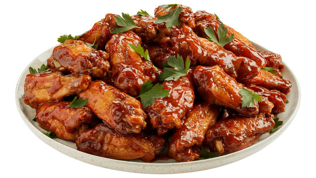Delicious bbq chicken wings piled high on a white plate garnished with fresh parsley, presented Isolated on white or transparent PNG.