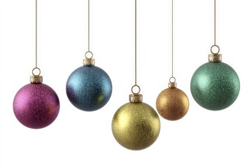Collection of shiny colorful christmas baubles hanging on strings isolated on white background