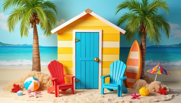 Summer vacation beach scene background. Beach cabin is near palms, chairs and surfboard. Sea and sky view. Holiday concept. Vacation backdrop, beach party photo booth setup with decor.