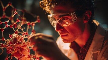 Male scientist wearing safety goggles working on a complex molecular model in laboratory