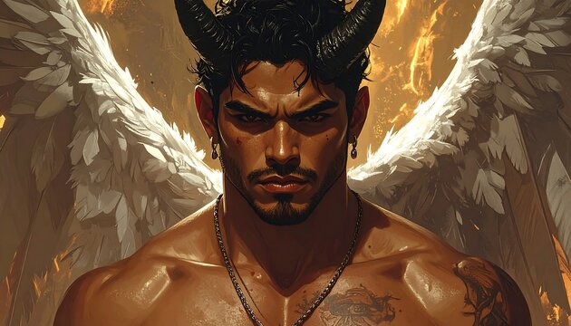 Dark-skinned man with horns and white wings stands against a bright orange and yellow background