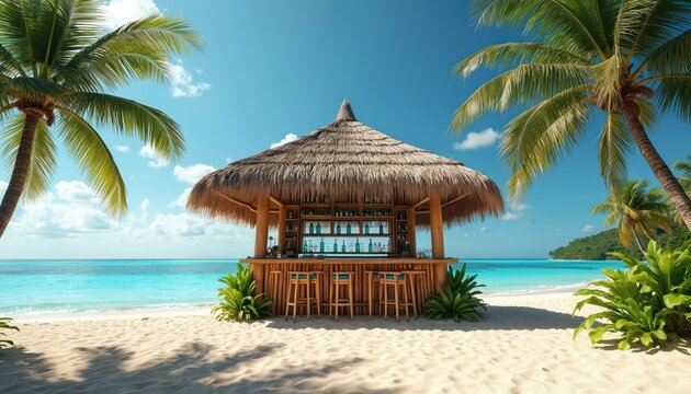 Beach bar on sand. Tropical beach scene with tiki hut, palm trees. Ocean view and clear blue sky. Perfect place for vacation, chill and relax at resort.