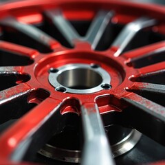 Close up photo of a red wheel with metallic silver spokes. The wheel is part of a larger machine component. Industrial design focuses on details.