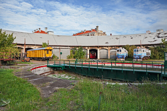 Rijeka, Croatia: The historic train maintenance depot, a railway facility featuring old locomotives, tracks, and a turntable. October 6, 2025