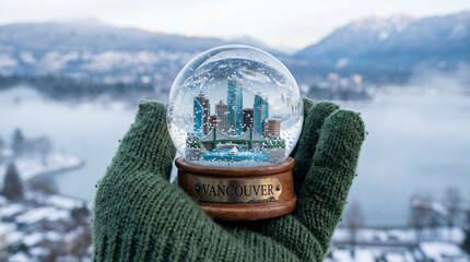 Hand in green mitten holding a Vancouver snow globe with a snowy mountain and water background