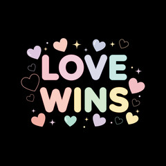Love Wins” typography with pastel hearts, flat vector art