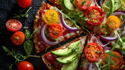 Gluten free pizza fresh vegetables herb avocado cherry tomato red onion arugula basil melted cheese rustic slate