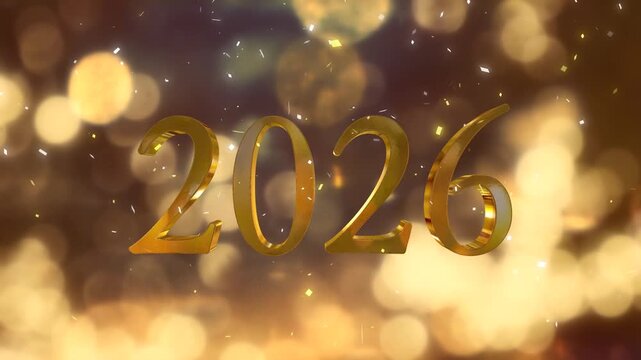 キラキラ輝くイルミネーションの丸ボケ背景　新年・正月・元日の年タイトル　金色3dの2026のテキストシンボル　お祝い・イベント・パーティーの背景　降りかかる紙吹雪　