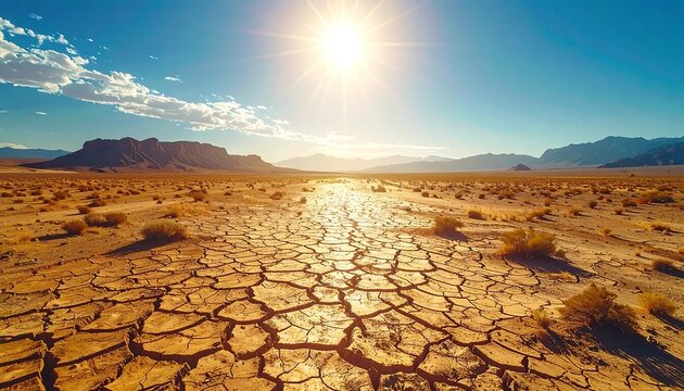Cracked, dry earth stretching under a bright sun and blue sky, with mountains in the distance
