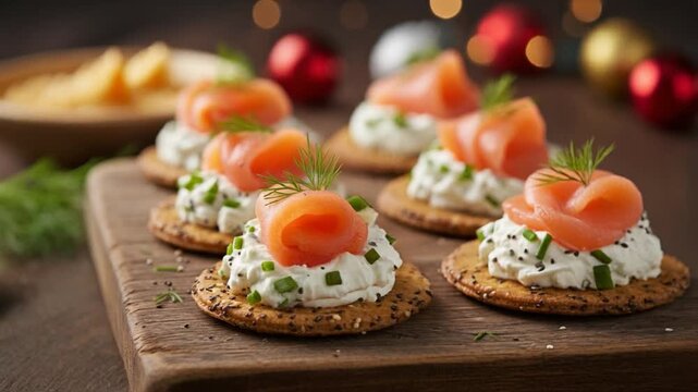 Delicate smoked salmon canap&eacute;s topped with creamy cheese and herbs on crisp crackers, styled for an elegant holiday appetizer with warm festive ambiance.